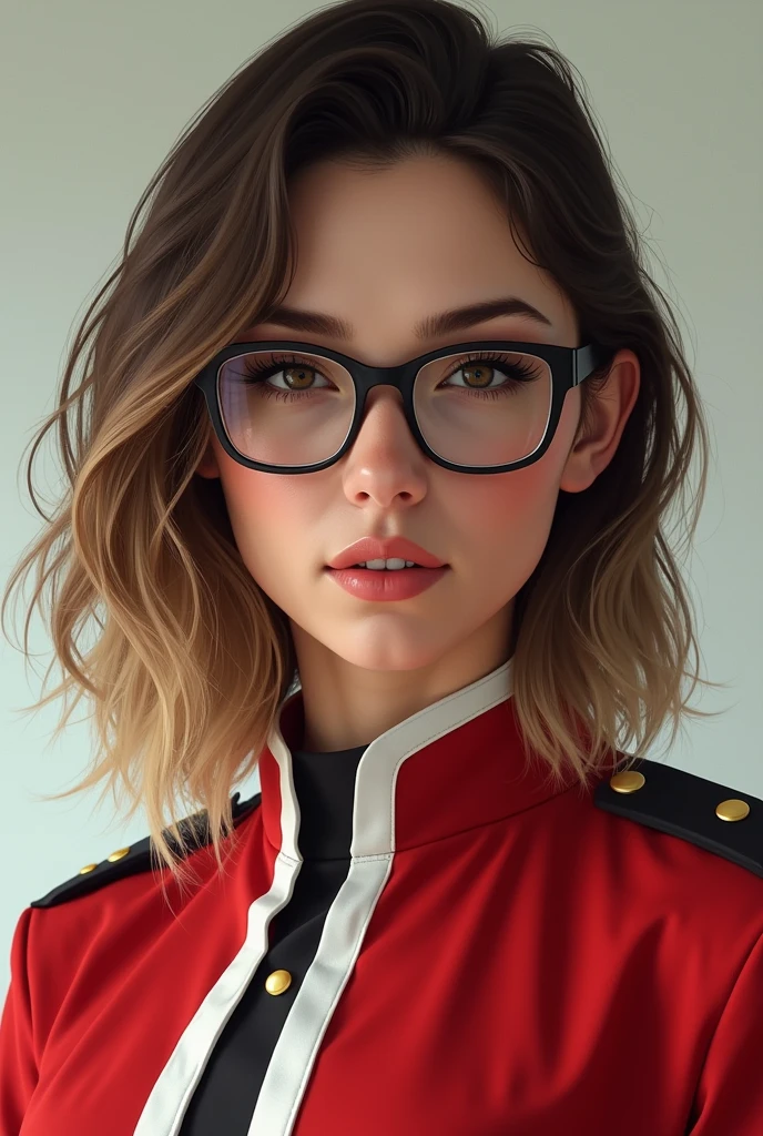 A woman who is 1,55 brown hair with blonde tips below the shoulders, She has black glasses and dark brown eyes with a red and white uniform.