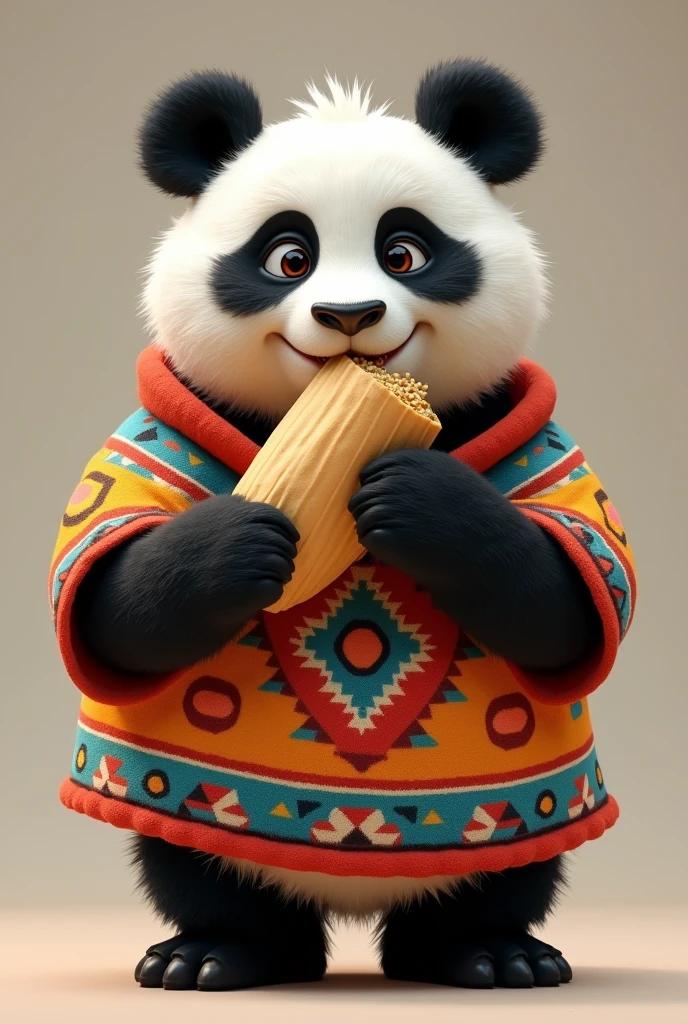 Draw a semi-realistic panda with a smile and a determined look. I want him to wear a native and colorful poncho. I want him to be eating a tamale (corn dough wrapped in corn leaf)