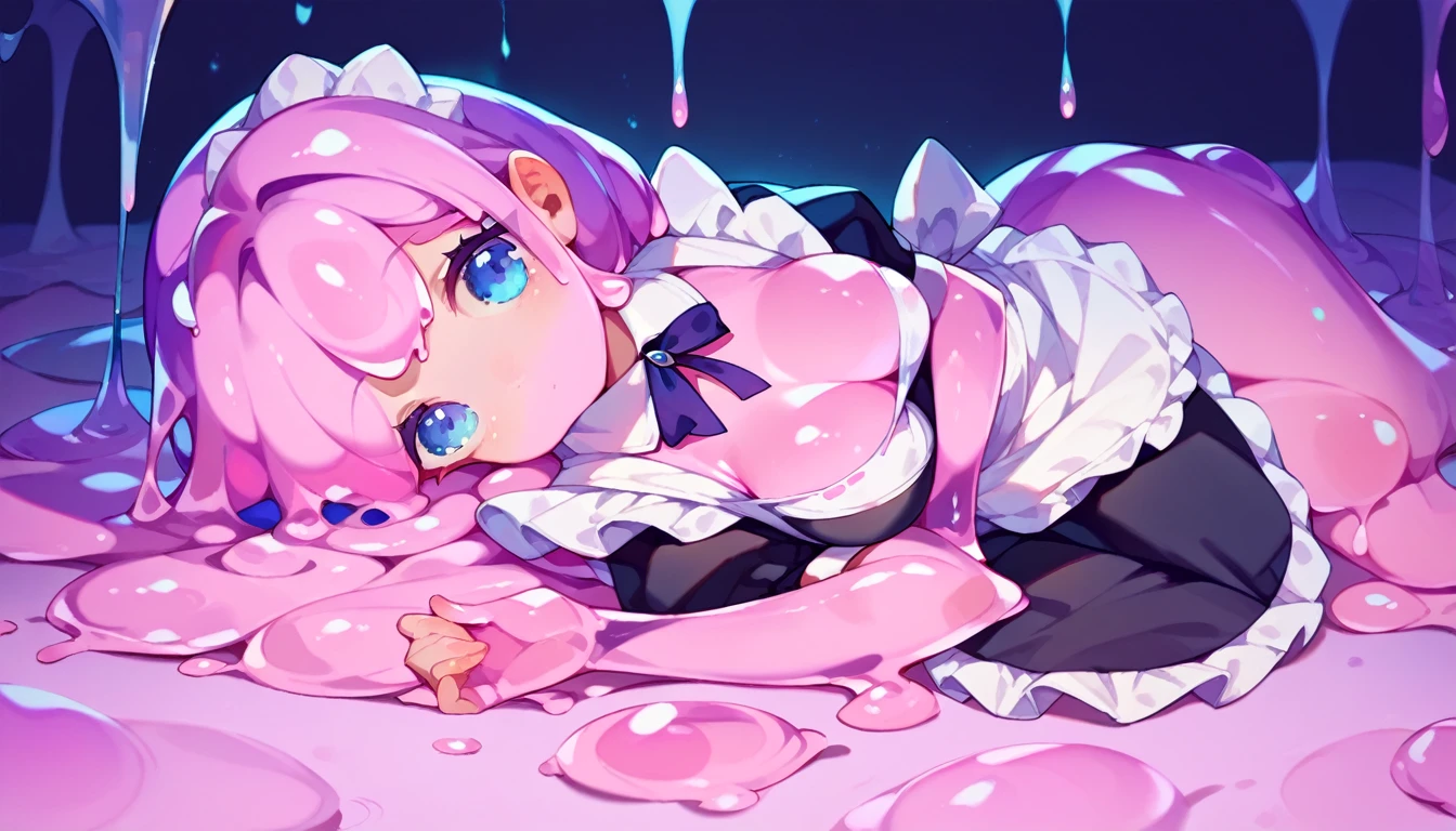 (score_9, score_8_up, score_7_up), 1girl, slime girl, purple cristal clear skin, slime purplrskin, maid outfit, long hair, blue eyes, looking at viewer, innocent, cute, medium breasts, standing, arms on sides, head tilt, pastel colors