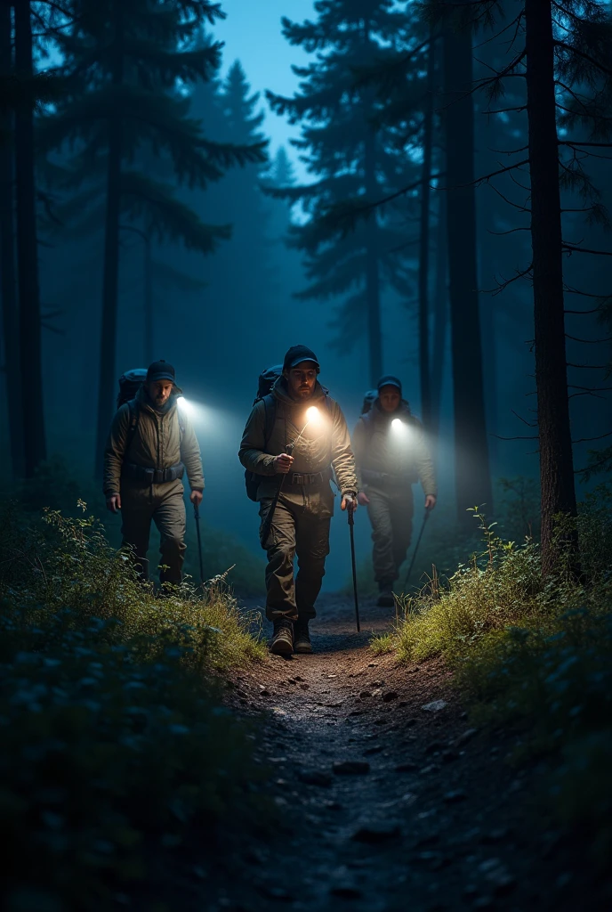 3 men hiking at night with flashlights