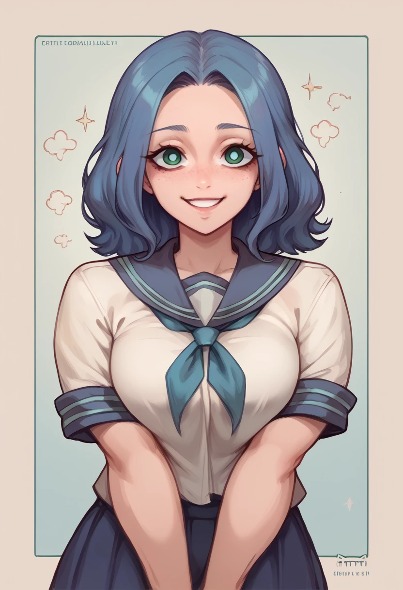 A 1 girl with long blue hair, dressed in a school uniform. She is standing and facing the camera with a warm, sweet smile. Her big, bright eyes convey kindness and sincerity, but there’s a faint hint of something unsettling beneath her gentle demeanor. Her posture is relaxed, adding to her approachable appearance.