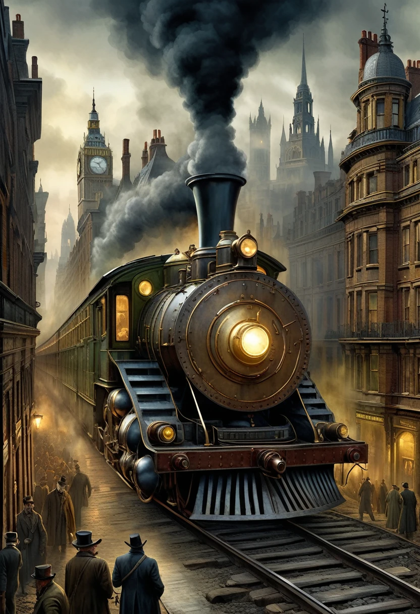 Compelling and ominous digital watercolor, An elevated steam train travels through the hivelike labyrinth of a 19th century victorian megacity, inspired by Gustave Dore, Daniel Merriam, Vladyslav Yerko, Kerem Beyit, Enki Bilal, Alexandr Averin, deep color, perfect composition, hyperdetailed exquisite realistic watercolor, grimy and bleak London landscape, crowded and claustrophobic tone, midnight, 32k, complex and razor-sharp background with dynamic lighting, a masterpiece