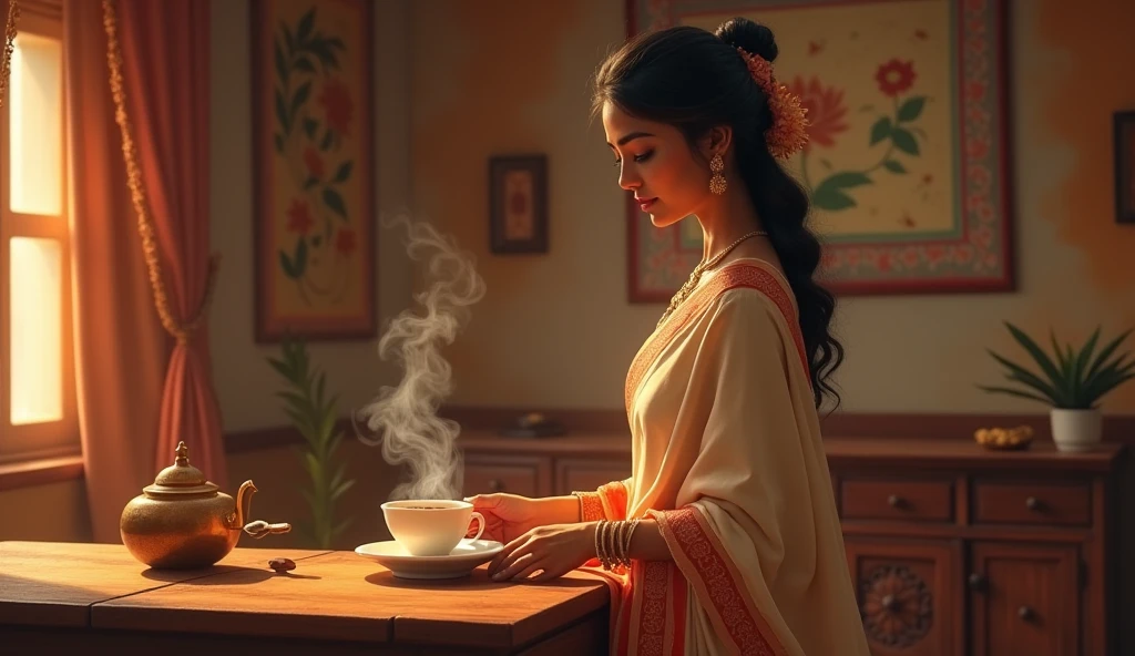 "An Indian woman, dressed in a simple yet elegant saree, is placing a cup of tea on a wooden table. The room is warmly lit, with traditional Indian decor in the background. The woman’s movements are graceful, and the steam from the freshly made tea rises gently from the cup, creating a cozy and inviting atmosphere."