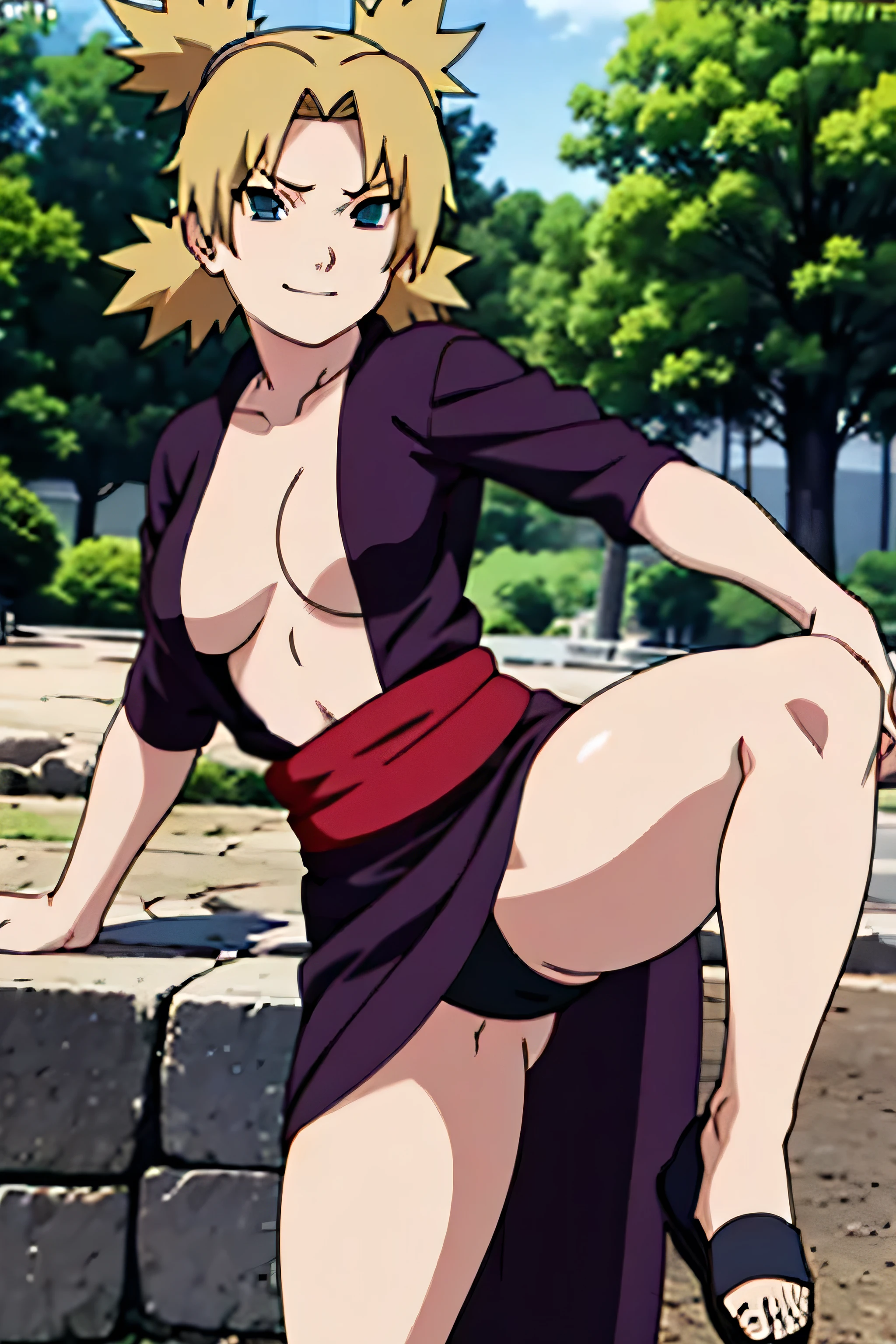 1 girl, ytemari, blonde hair, quad tails, blue eyes, fishnet,black clothes,Black yukata set, sash, line art, laugh, front view, stand,Adjusting the skirt, bright colors, Masterpiece, best quality, high definition, Spread your legs,Facing straight ,Spread your legs,In the forest,smile,Condescending glance,open shirt,Medium boobs,Beautiful nipples,Shirt handle,Leg lift,stand,voluptuous