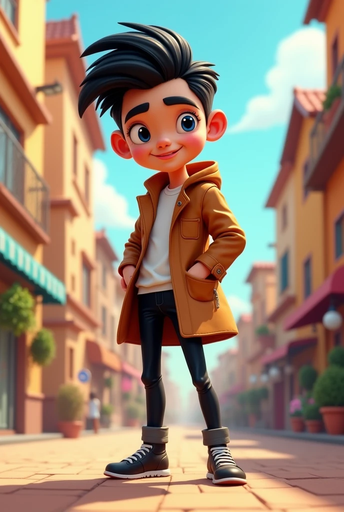 Make a  called Nescay,He has his hair up and his hair color is black.,He is wearing a brown coat and black pants., do it in cartoon style he is  cartoon style 