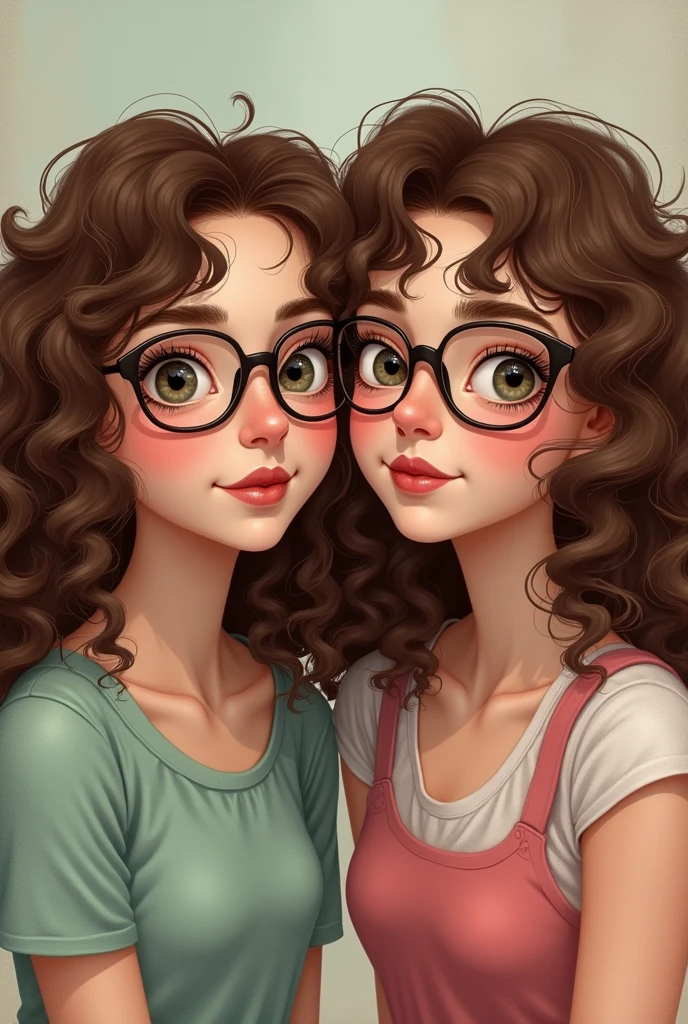 Help me create an image of a 2 curly brunette girl with glasses, kind of alternative, not so realistic