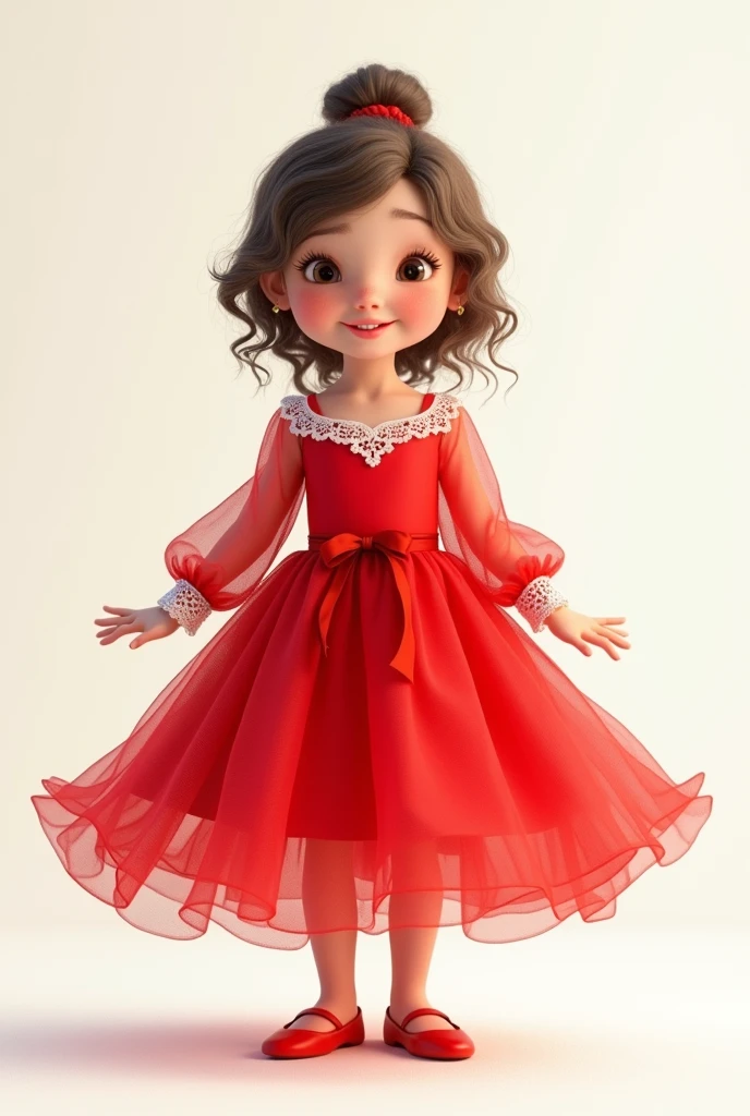 A full body 3D drawing of a child wearing a red tulle dress with long sleeves and white lace, cheerful and happy