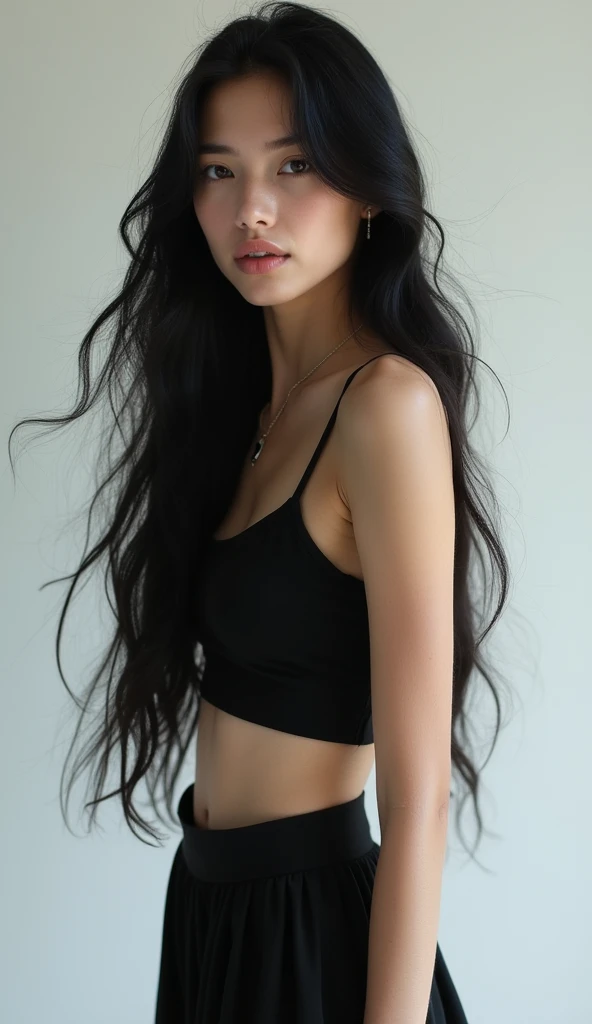 white girl with black hair full body.