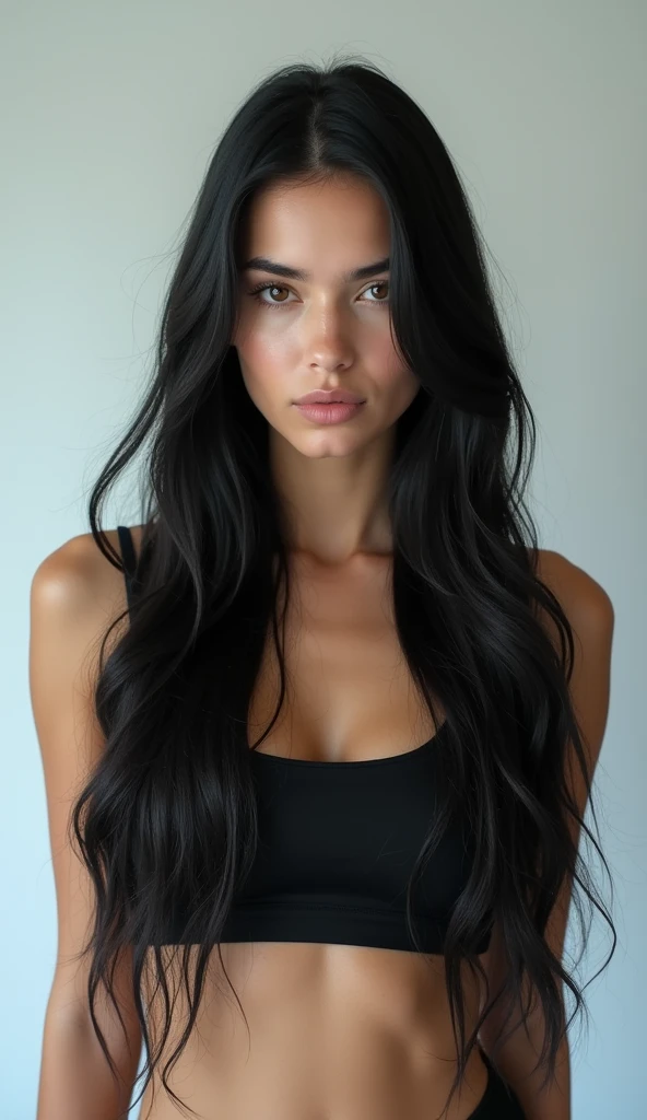 white girl with black hair full body.