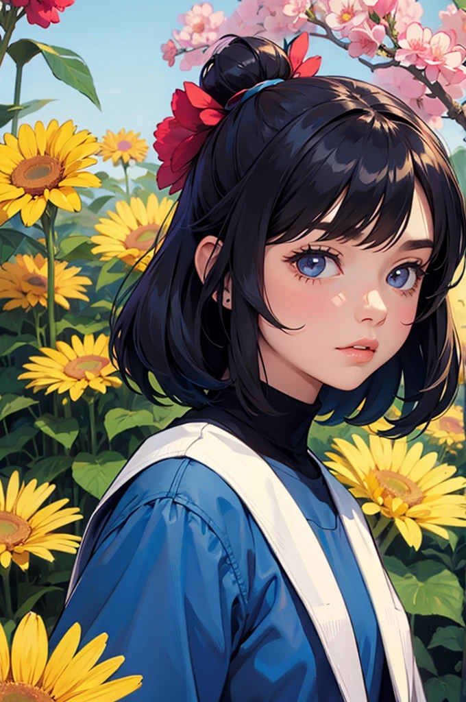 A girl surrounded by big colorful flowers
