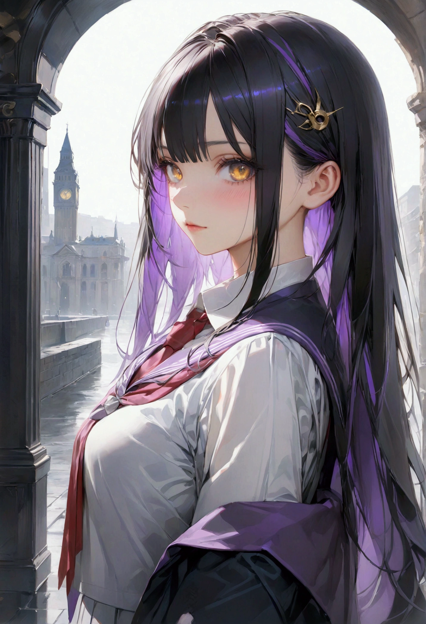 Long smooth straight black hair, inner colored dark-purple hair, golden eyes, standing in academic uniform,masterpiece, super detail, best quality, 8k,semi-realistic