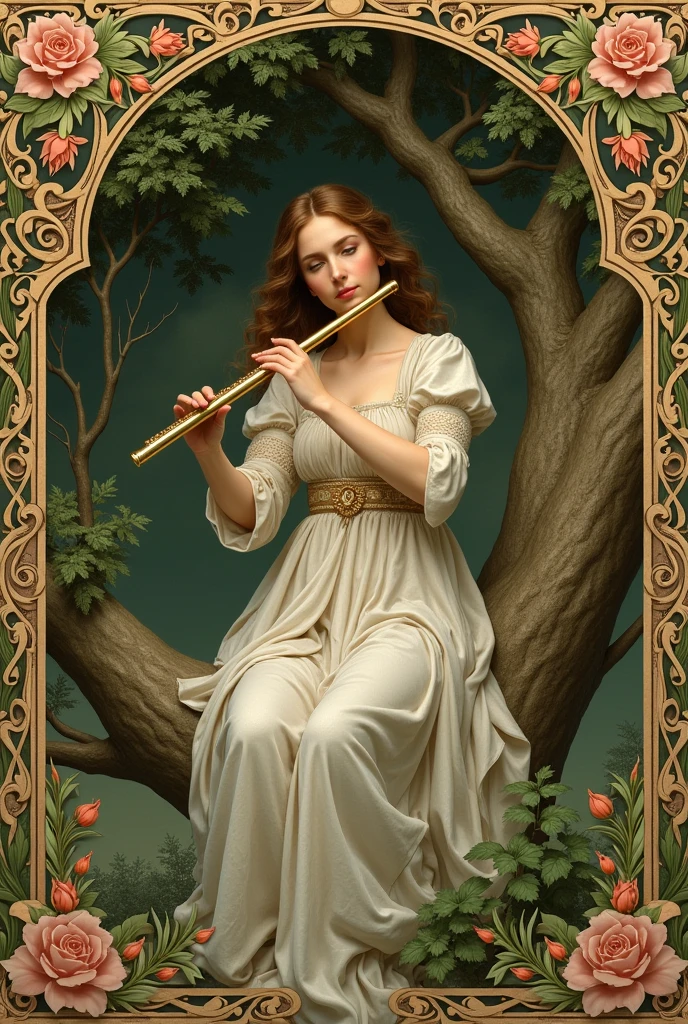 Woman playing the flute with both hands sitting in a tree, Renaissance style.
Very decorated frame, Mucha Style.
