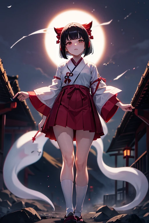Girl, Shrine Maiden Clothes, Black Hair, Short Bob, Part-time Job, Late Night, Shrine, Charm, Darkness, Ghost Story