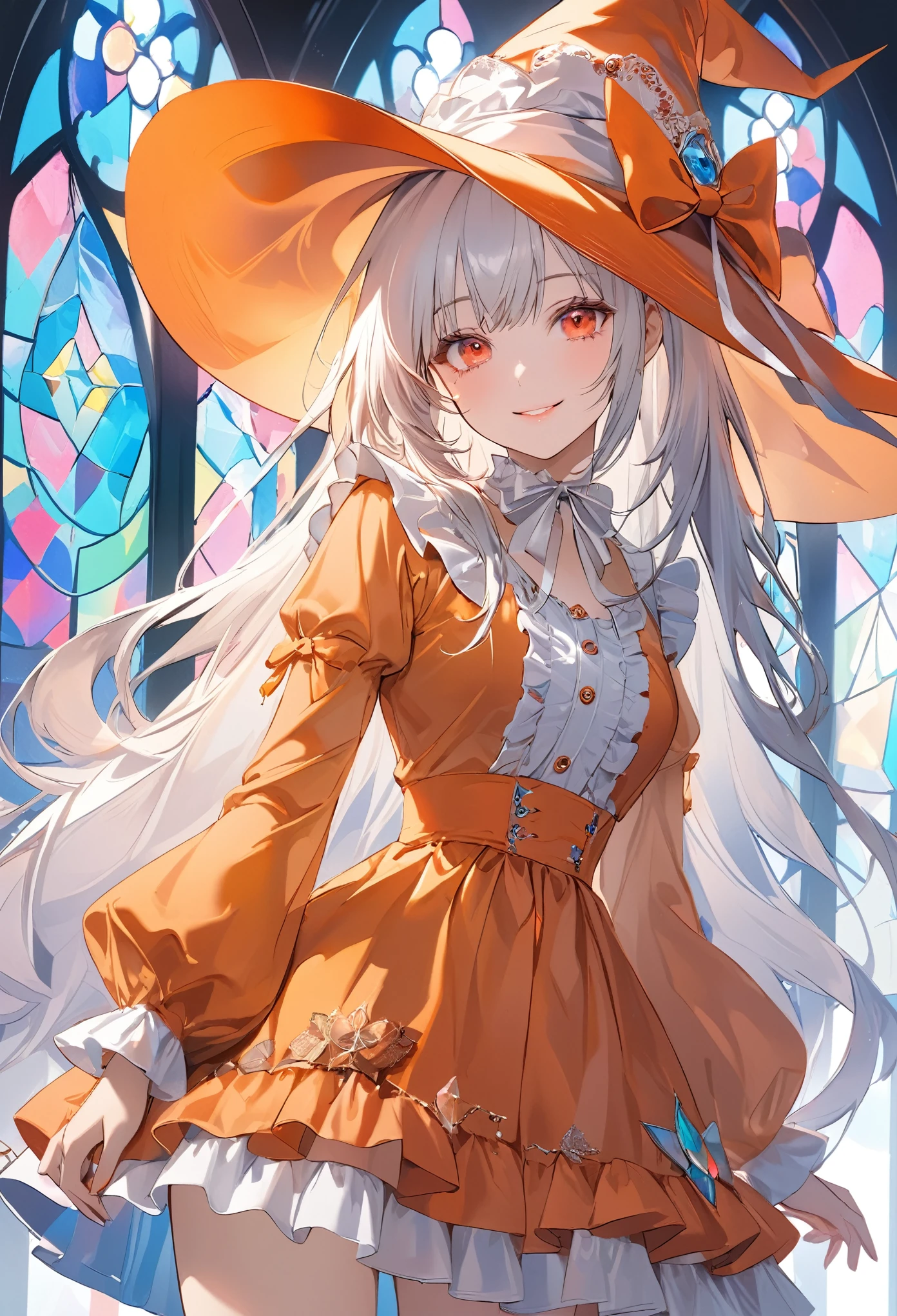 (transparent blue theme art),(top-quality),(masterpiece),(cowboy shot:1.5),((arms behind side)),Silky to the touch,Hyper Detail,(1 girl),(solo),Delicately drawn face,girl with a pretty face,beautiful detailed transparent red eyes,beautiful detailed orange witch hat with white ribbon ornament,beautiful detailed pastel orange ta witch fashions with ruffles,((pastel skirt with ruffles)),((Long sleeve white and orange costume)),(Beautiful silky white hair:1.3),pale skin,a beautiful transparent illustration,pastel blue theme,beautiful smile,frontal face,soft gradient,((standing in front of pastel glass art wall)),(((stained glass is colorful pastel)))