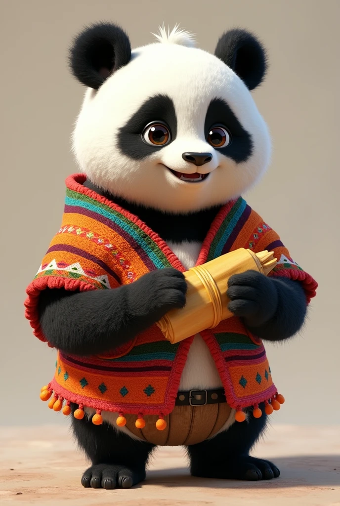 Draw a semi-realistic panda with a smile and a determined look. I want him to wear a native and colorful poncho. I want him to be eating a tamale (corn dough wrapped in corn leaf)