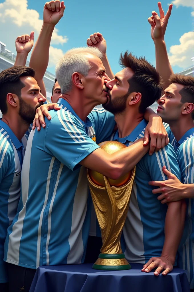 Gianni Infantino kissing Messi next to the World Cup and behind him Argentina players with the shirt kissing the football referees
