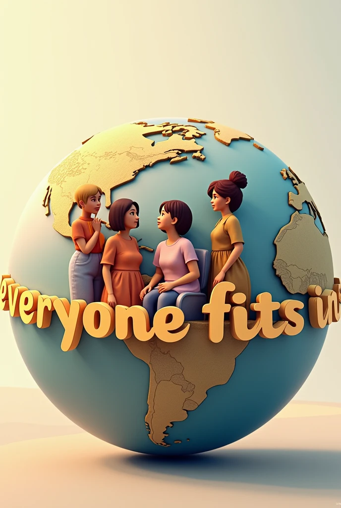 I would like a simple image showing a globe with the phrase &#39;Everyone fits in&#39; written around it and 5 people each representing a disability., wheelchair user, the main one being visual impairment.