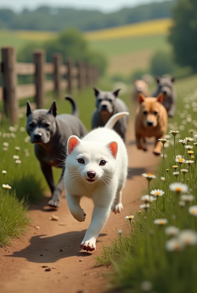 Small white stoat running away from several angry pitbull dogs in the countryside