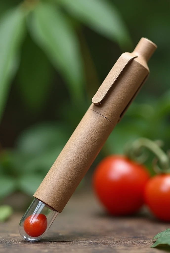 Writing pen made of corrugated cardboard with a capsule at the tip, Inside the capsule there will be a tomato seed 
