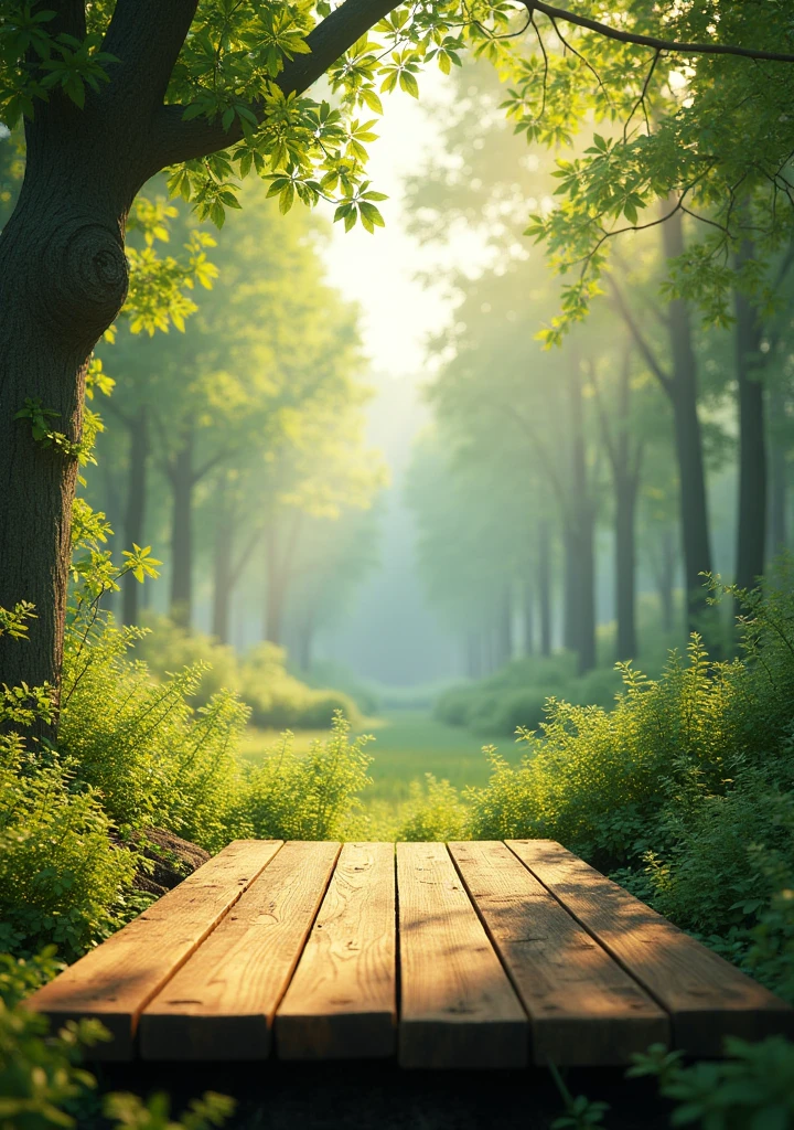 create a background with lots of realistic green and yellow and highlight a wooden table in the foreground