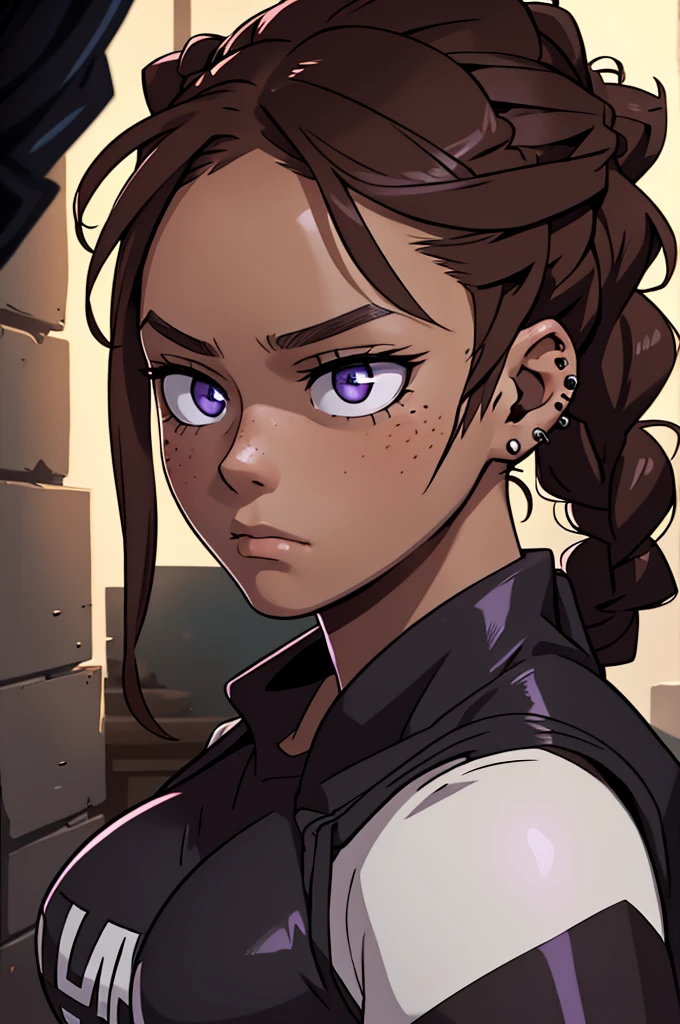 In a dimly lit scene, a girl with brown boxer braids tightly braided to her head is shown. Her face is slightly dirty, emphasizing the rough environment around her. Her intense violet eyes glow subtly in the shadows, giving her a powerful and serious expression. She has freckles across her cheeks, and her ears are adorned with multiple earrings and piercings. She wears a black compression shirt that accentuates her athletic build. The overall atmosphere is gritty and mysterious, with soft light highlighting the key features of her face and piercing eyes.