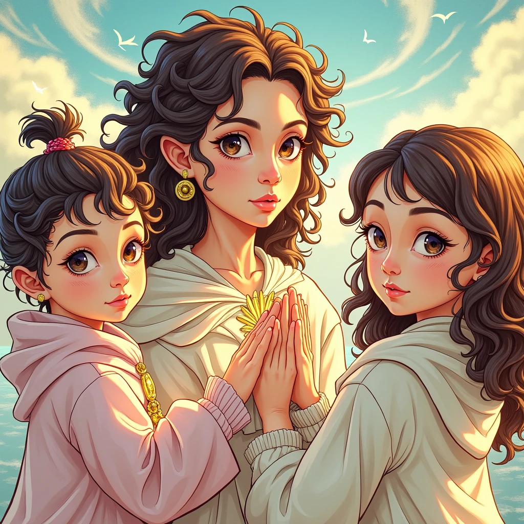 Create a beautiful image for me, but the biggest one has to have curly frizzy hair. 
