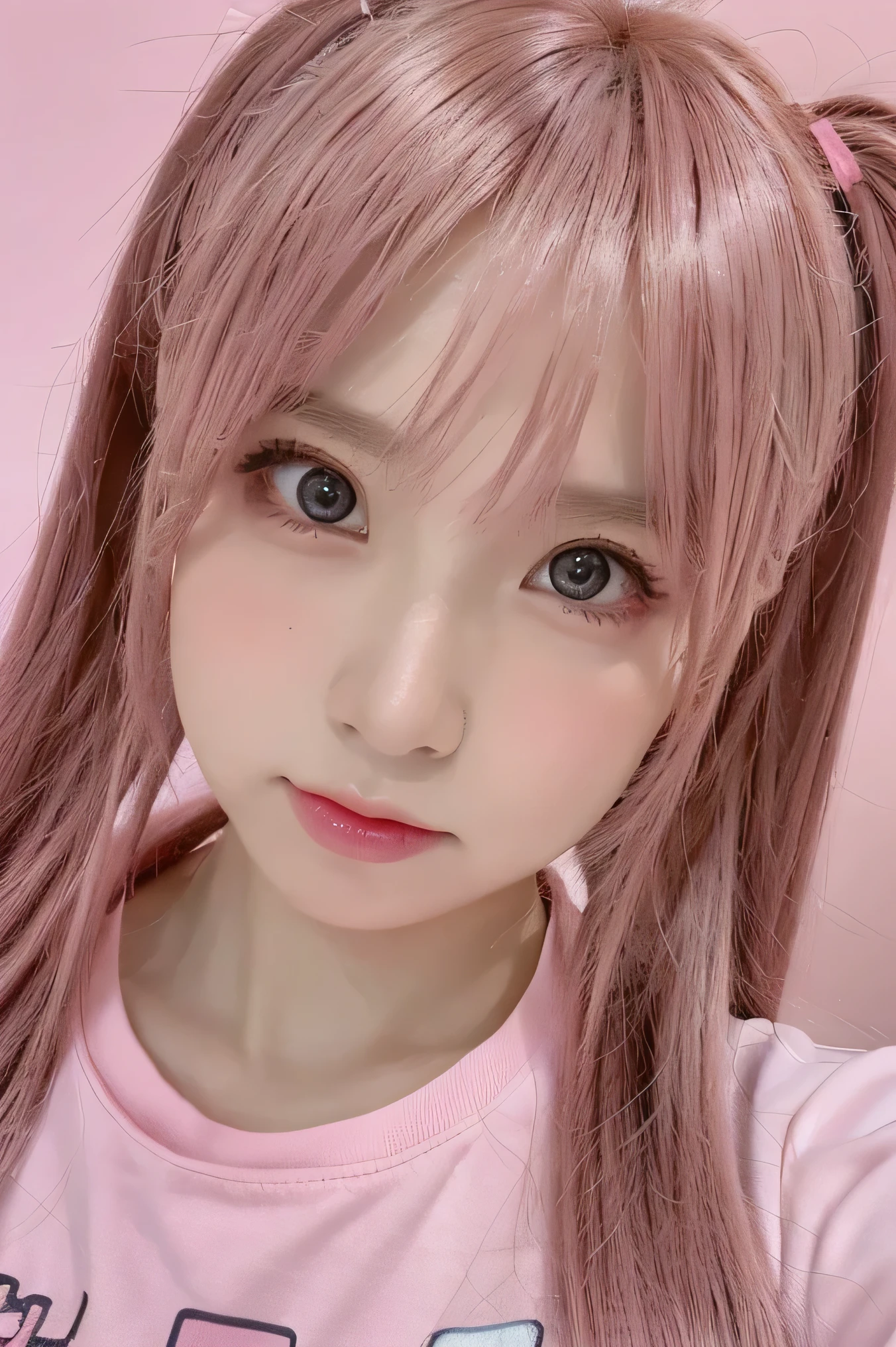 Facing forward, face fully aligned with the camera.ID photo style, no side turning.Looking straight ahead, ensure face is directly facing the lens.(((Frontal orientation,Look directly at the camera,Facing forward, looking directly at the camera))).Female characters,School,Selfie,Beautiful as an angel,blush shyly,Delicate facial skin,Moist and attractive lips,Gentle and ambiguous eyes,Pink double ponytail hairstyle,Anime Girl,Pink Hair,Rich eyes and face details,Looking at the camera,Close-up shot,Bedroom night scene,The atmosphere is ambiguous,The eyes are very beautiful(Symmetrical eyes:1.3),Serious expression,Slightly angry,Ultra-high resolution,8kSelfie Photos,Professional cinema lighting,Best quality,masterpiece,Pink shirt,Cute and natural anime face,Pink Ponytail and Teal Eyes,Combination of reality and animation(Realisticity:1.4),Kawaii realistic portrait,The face glows pink,WAN cute Korean face,Cute girl,Pink Ponytail,cute kawaii girl,Glowing face。