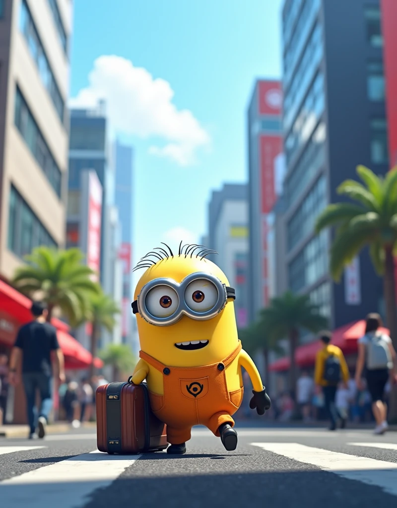 Hạ cánh ở Tokyo Minion Kevin kéo trên tay hành lý.Just landed at Narita airport and was immediately impressed by the modernity and hustle and bustle of Tokyo. He quickly ran to Shibuya to take a photo with the Hachiko statue., But Kevin was so small that he was almost hit by a passerby..
Kevin