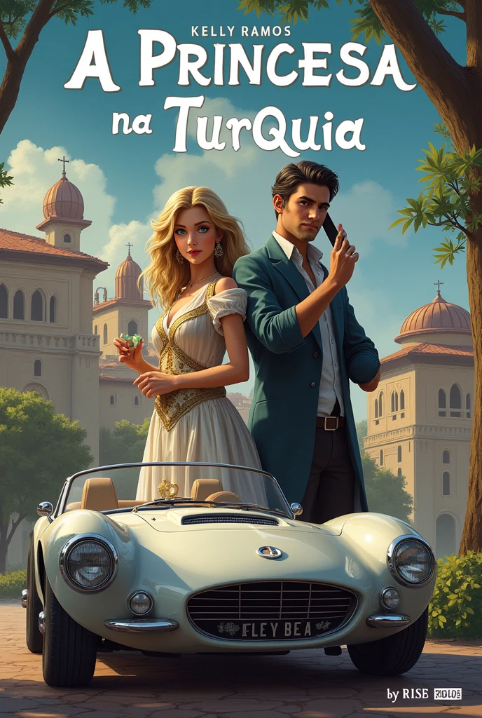Create the cover for my book A Princess in Turkey for me. Put the title in Brazilian Portuguese and my author name. Kelly Ramos. Add a building in the background and a convertible car from the year 2023 to the cover of the book.,a princess dressed in dresses circa 1910 , his dark blond hair and blue eyes with a magic ring in his hand and a man dressed in casual clothes handsome and masculine man holding a cell phone talking in his ear make the image as human as possible very realistic