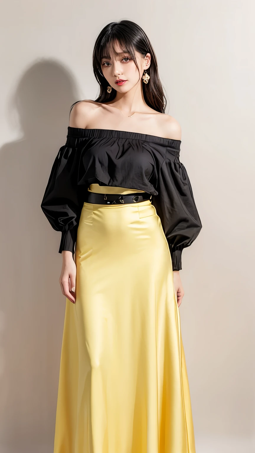 Beauty、Wearing black off-the-shoulder clothing、There is a sleeve on the arm、She is wearing a pale yellow slim long skirt、Wearing a belt around the waist、Her butt is facing me、The face is looking here、White background