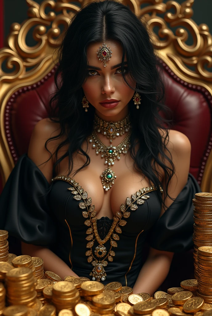 Rich dark haired woman with greed