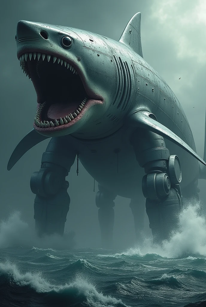 Fusion of shark and big ship fully robotic creation and big and horror also