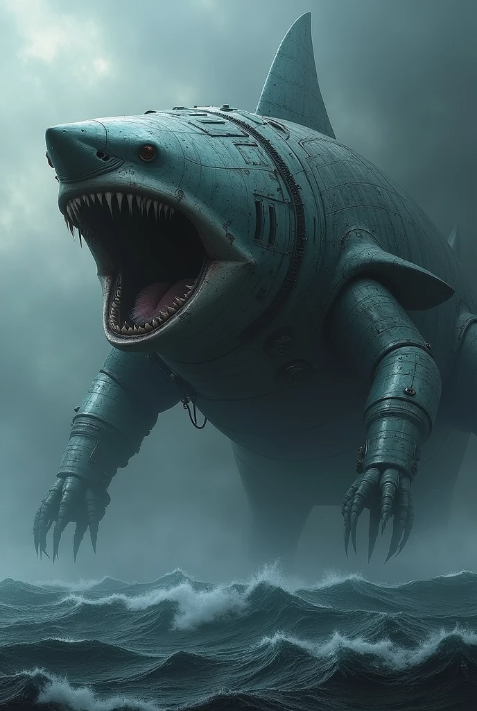 Fusion of shark and big ship fully robotic creation and big and horror also