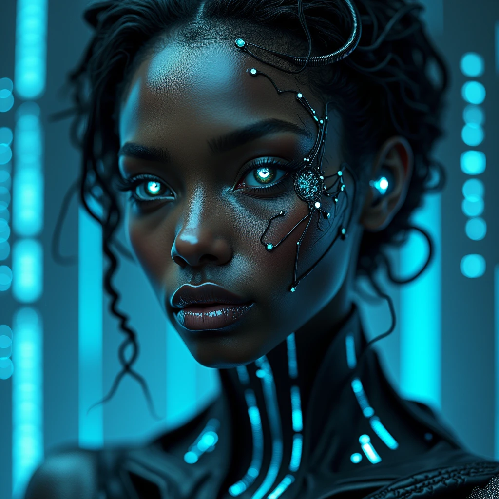 A black woman with Asian features of human appearance, but with AI traits, is highlighted. She has impeccable beauty, but his face and body show small cracks or crevices that reveal circuitry, wires, and blue neon lights beneath the skin. Her eyes shine inhumanly, with a blank expression, without real emotions. The background of the image is a mix of futuristic elements, with cascading binary codes and abstract digital patterns. There is a sense of distrust and coldness in the image., reflecting the idea of something that seems real, but it's not.