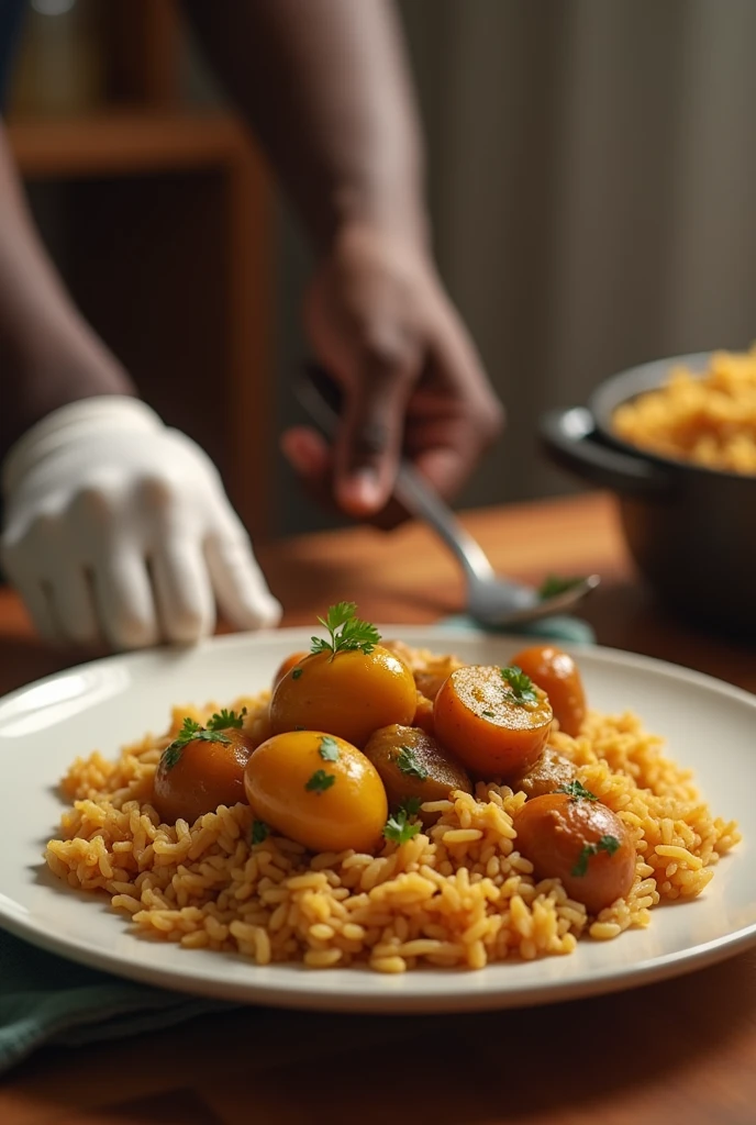 Mon epoux nigerian a cuisiné un bon plan curry pomme de terre et dinde jaimerais une photo avec le bras de mon mari,il a la peau foncé et un pkat avec du riz basmati long parfumé et chaud avec un curry indien pomme de terre et dinde effet plat chaud et un curry concentré beaucoup de squce epais rajouter une  main blanche et potelé