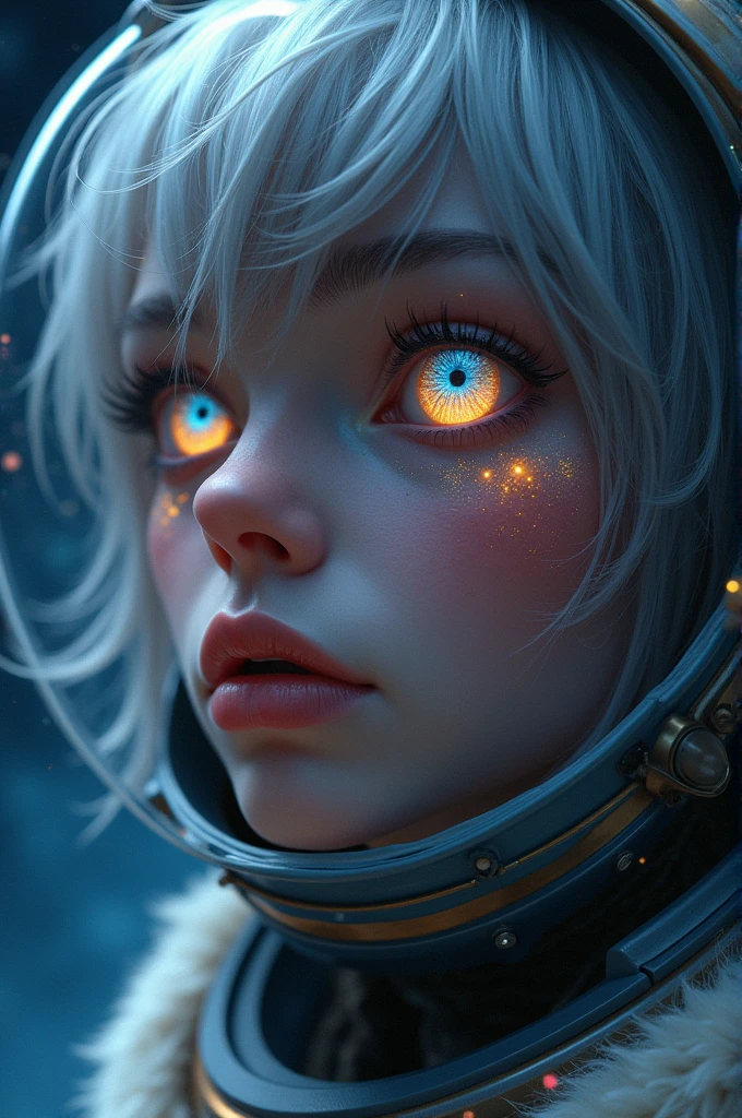 (Close-up of a better masterpiece:1.5)0.9], (Space and astronauts:1.2) (Messy silver hair:1.1) (Heterochromia xanthochromia and blue eyes:1.2) (Space Helmet:1.0) (Colored stars in the eyes:1.0) (A radiant glow:1.1) (thick lips:0.9)
