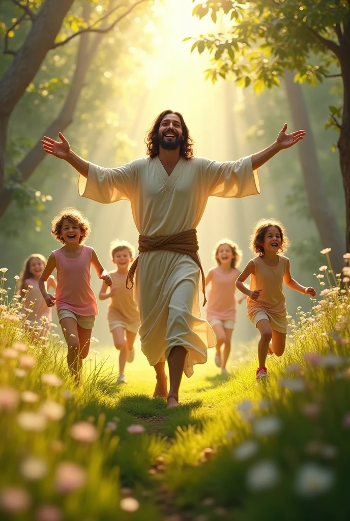 Jesus Laughing with Children in a Forest Clearing: A joyful scene of Jesus playing with a group of children in a sunlit forest clearing. They are laughing and running through tall grass and flowers, and Jesus is smiling warmly, his arms outstretched as he joins in their play. The forest is vibrant with life, and the light filtering through the trees gives the whole scene a magical, carefree feeling.