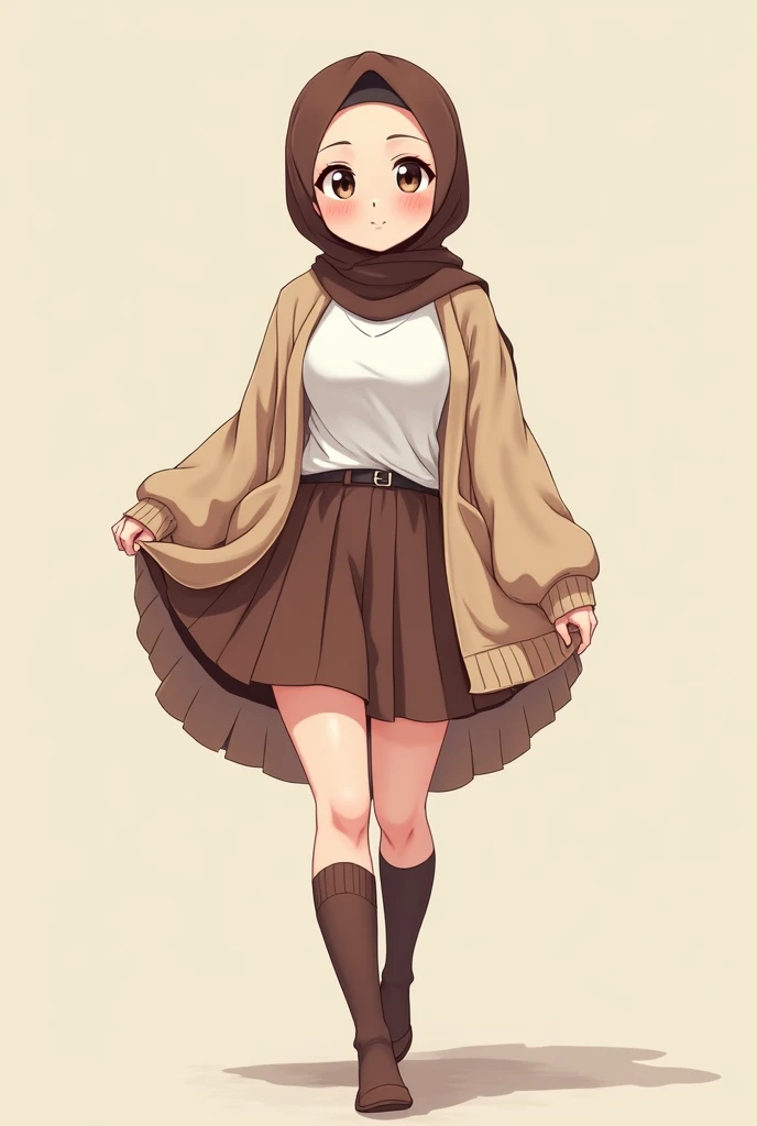 Anime with text: 
(masterpiece, best quality, 4k, expressive eyes, perfect face, 2d style, flat style, hand drawn), Cute and adorable face, big detailed eyes,, Cute anime girl, ((big breast, big , thick thighs)), with brown hijab on, ((brown Hijab)), bangs, wearing oversized beige cardigan, white shirt, cleavage, brown skirt, ((brown socks, long socks)), ((no shoes, without footwear)), showing her panties, pulling up her skirt, showing and exposing her legs, upskirt, exposed legs, white underwear, full body view, tip-toe, walking sideways 
