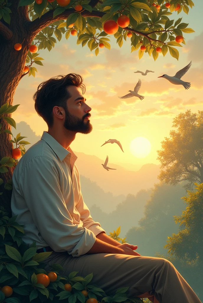 A man with clean shave dreaming his beautiful heaven include , birds, siting under trees with beautiful fruits  evening  side view
