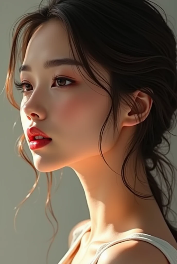 Beautiful 30-year-old Thai woman opens her mouth, side view