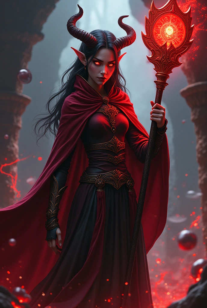 Me de a imagem de uma jovem tiefling de pele arvemelhada baseada em d&d, This young woman is a very strong magician and has a powerful staff.
