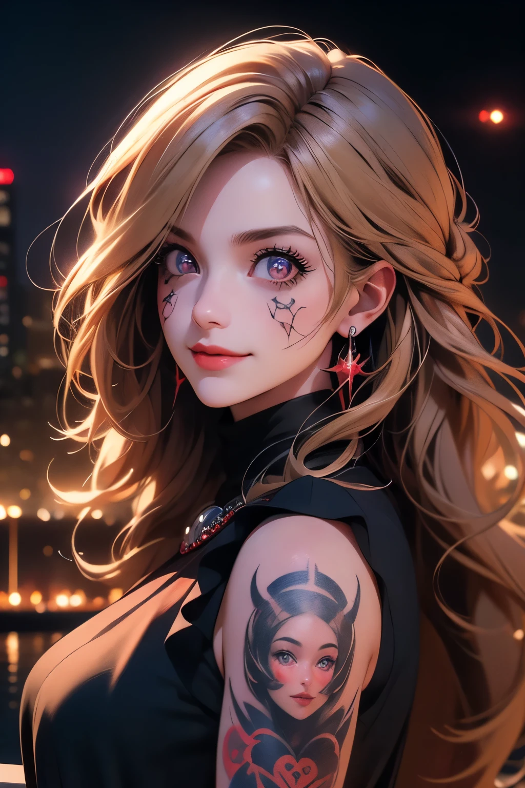 perfil portrait image of a woman with long light blond, streaked with red and black highlights and black curly hair, red eyes, she wears social clothes and have a lot of ((tattoos on her body)). She is smiling like a villain, with a moon tattooed on her face, she is on a dark city scenery, symmetrical face, ((symmetric eyes)), high contrast, digital art trend on Artstation 8k HD high definition detailed realistic , hiper detalhado