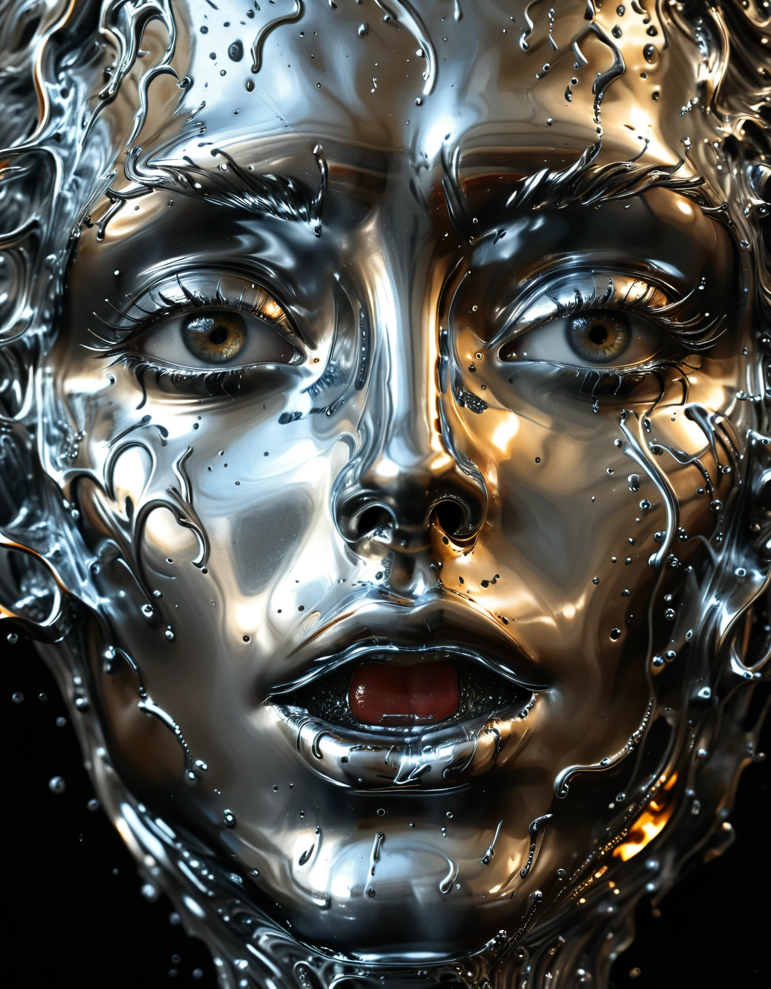 (best quality,4k,8k,highres,masterpiece:1.2),ultra-detailed,(realistic,photorealistic,photo-realistic:1.37),liquid metal face,beautiful detailed eyes,beautiful detailed lips,extremely detailed face,molten liquid metal,chrome,liquid metal sculpture,metallic,shiny,reflective,glowing,surreal,dramatic lighting,cinematic,digital art