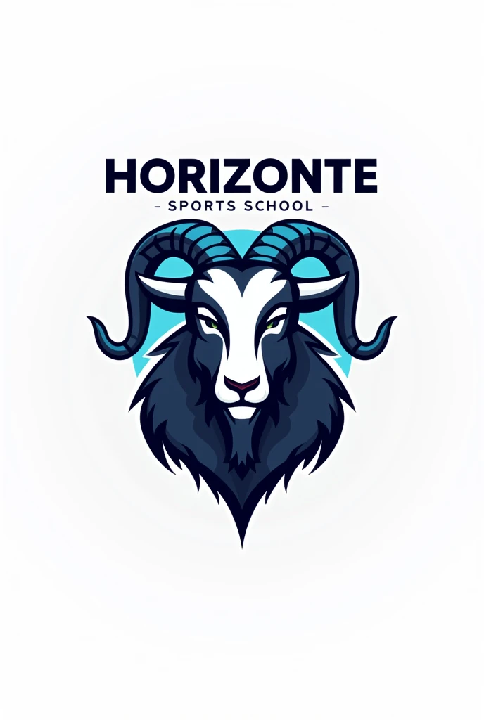 Create a badge for a school in Spanish called "Horizonte Sports School" white with blue with a goat included, that has the name included