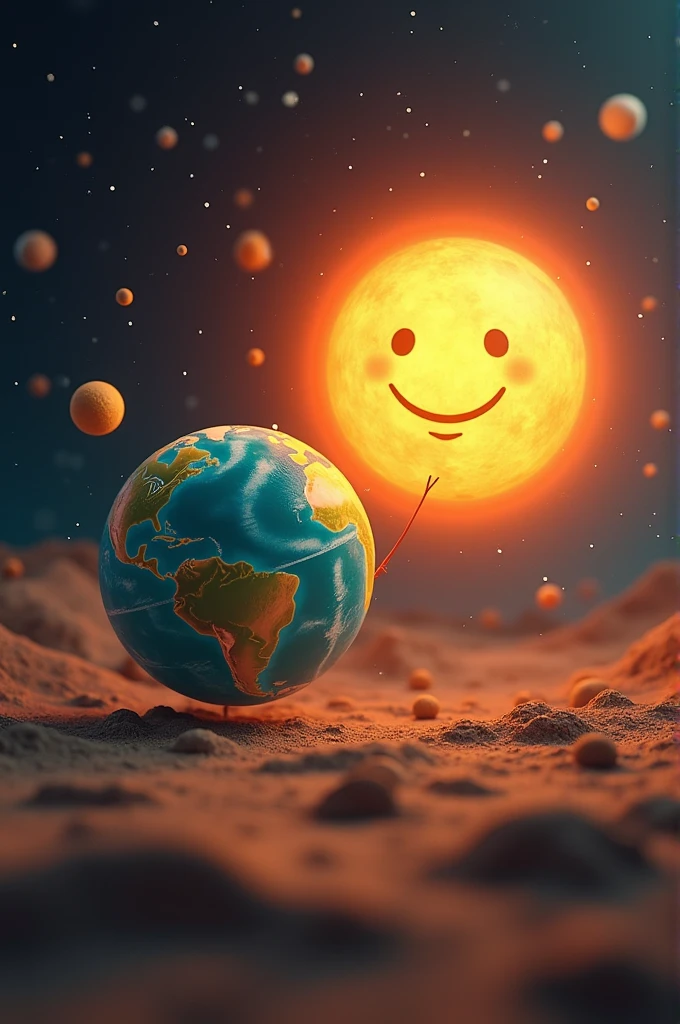 Create an image that a" Earth is easily going to the sun and sun is smiling"and image should be 4k ultra.