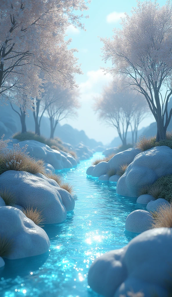 A stylized 3D scene of a river made of liquid light, flowing through a landscape where the trees are made of glass and shatter with every breeze."