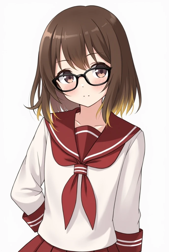 A girl who is 1,55 brown hair with blonde tips below the shoulders, She has black glasses and dark brown eyes with a red and white uniform.