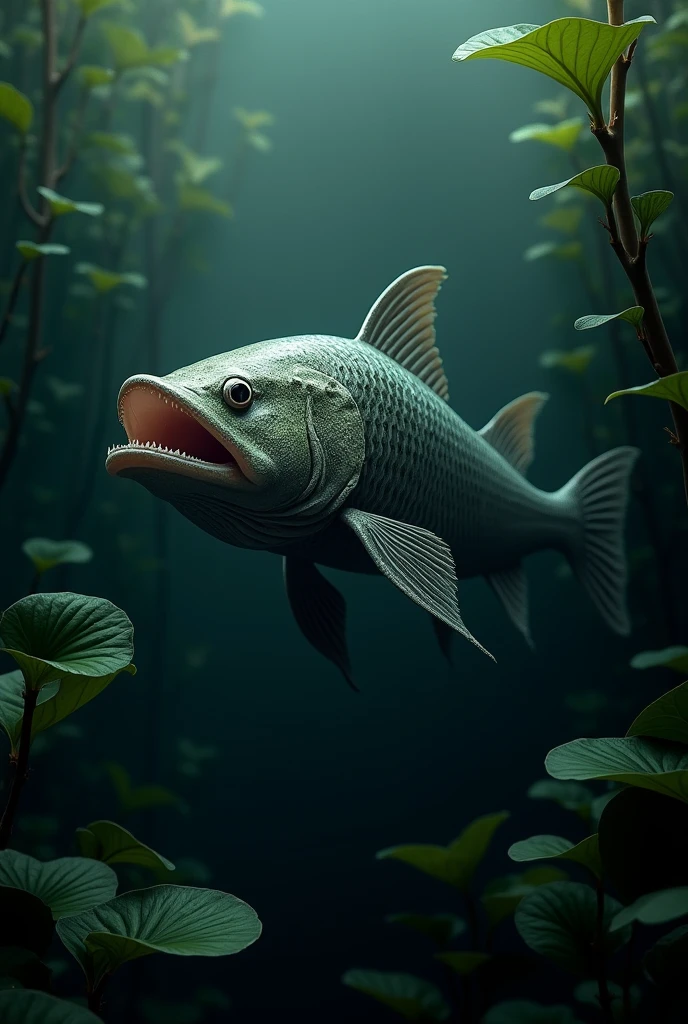 Photorealism 1.2 high detailed definition snakehead fish toman  channa micropeltes on black water inside water water plant