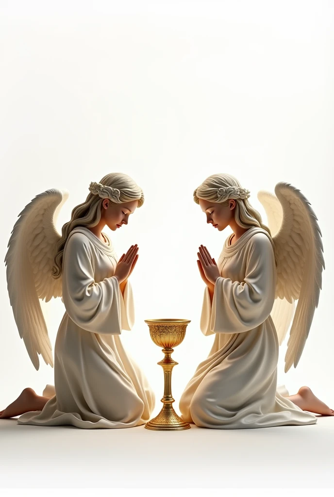 Beautiful realistic angels on their knees guarding a chalice and host on a white background with Renaissance oil painting style.