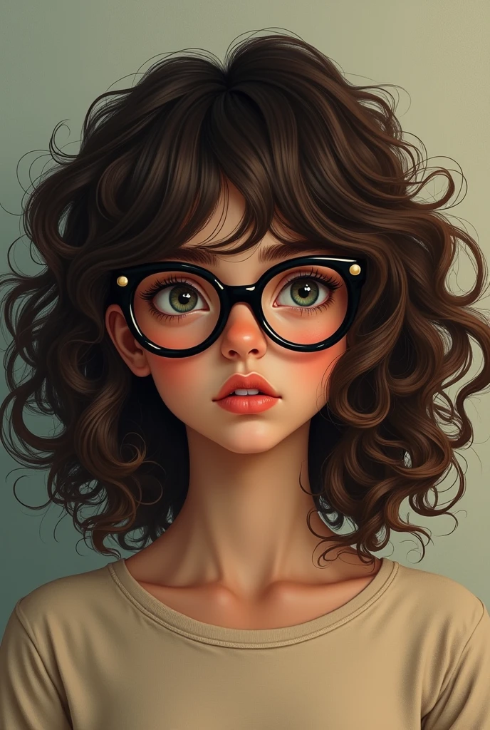 Help me create an image of a 2 curly brunette girl with glasses, half-alternative and not so realistic, with only a girl in it. .